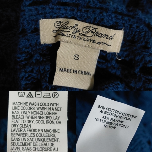 Lucky Brand Blue Crochet Tassle 3/4 Sleeve Scalloped Knit Blouse Top Size Small - Picture 11 of 12